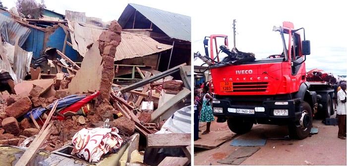 A building knocked down by the explosion and thee wreckage after the gas cylinder had exploded on top of the truck A building knocked down by the explosion and thee wreckage after the gas cylinder had exploded on top of the truck