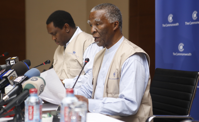 Mr Thabo Mbeki, Former President of South Africa and Head of the Commonwealth Observer Mission, making a statement at a press conference in Accra. Mr Thabo Mbeki, Former President of South Africa and Head of the Commonwealth Observer Mission, making a statement at a press conference in Accra.