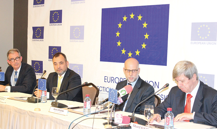 Mr Paul Anderson (left), Press and Public Outreach Officer, Mr Tamas Meszerics (2nd left), Chief Observer, Mr Mark Stevens (2nd right), Deputy Chief Observer and Mr Eduard Kukan (right), Member of European Parliament (MEP), addressing the press. Picture: Benedict Obuobi Mr Paul Anderson (left), Press and Public Outreach Officer, Mr Tamas Meszerics (2nd left), Chief Observer, Mr Mark Stevens (2nd right), Deputy Chief Observer and Mr Eduard Kukan (right), Member of European Parliament (MEP), addressing the press. Picture: Benedict Obuobi