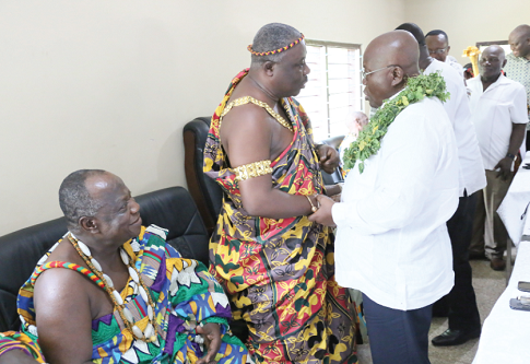 Nana Akufo-Addo (right) in a hearty chat with Nii Okwei Kinka Dowuona VI