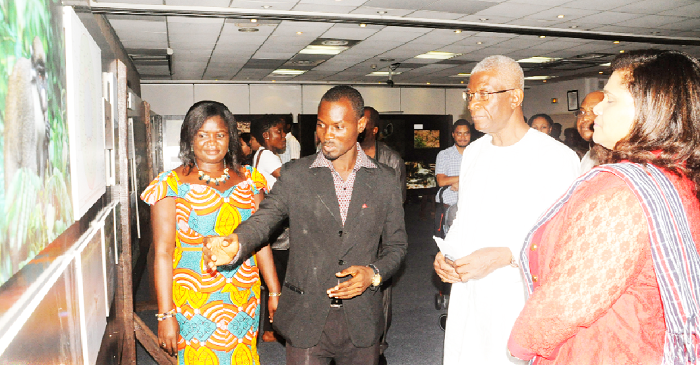Mr Samuel Acquaah, Education Officer at the Ghana Museum and Monuments Board, conducting Nii Osa Mills (2nd right), Minister of Lands and Natural Resources, round the exhibition. To his left is Ms Johanna Odonkor Svaniker. Picture: GABRIEL AHIABOR Mr Samuel Acquaah, Education Officer at the Ghana Museum and Monuments Board, conducting Nii Osa Mills (2nd right), Minister of Lands and Natural Resources, round the exhibition. To his left is Ms Johanna Odonkor Svaniker. Picture: GABRIEL AHIABOR