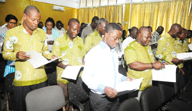 Members of the Ghana Mine Workers Union of the Ghana Trades Union Congress singing at the function in Accra. Picture: Emmanuel Quaye Members of the Ghana Mine Workers Union of the Ghana Trades Union Congress singing at the function in Accra. Picture: Emmanuel Quaye