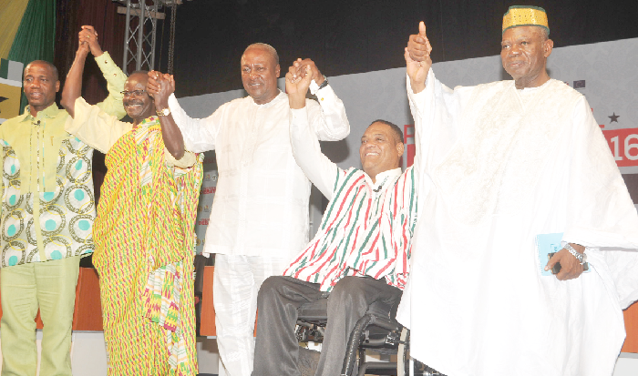 The Presidential candidates holding their hands as a sign of unity and peace during the upcoming general election after the debate. They are from left, Mr Jacob Osei Yeboah, Dr Papa Kwesi Nduom, President John Dramani Mahama, Mr Ivor Greenstreet and Dr Edward Mahama. Picture: EBOW HANSON