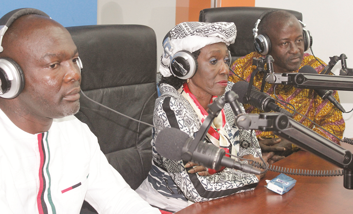  (From left to right) Running mate Mr Kojo Mensah Sosu; flagbearer, Mrs Konadu Agyeman-Rawlings, and General Secretary Alhaji M Frimpong in the studios of Tamale FM