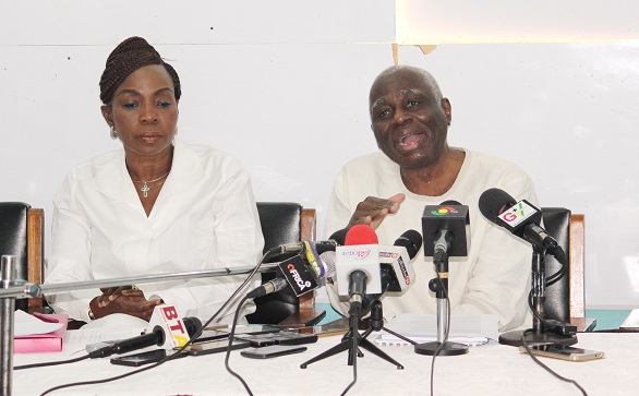  Mr Tsatsu Tsikata, explains a point at the press briefing as his wife, Ms Esther Cobbah, looks on. Picture: NII MARTEY M. BOTCHWAY