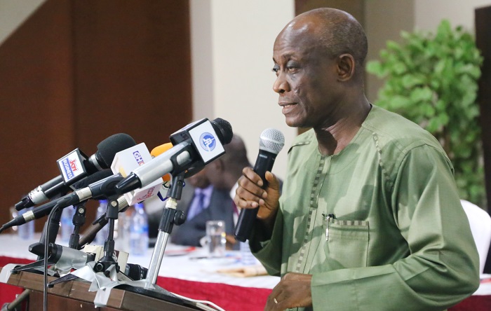 Mr Seth Terkper interacting with some journalists after the conference. Picture: SAMUEL TEI ADANO