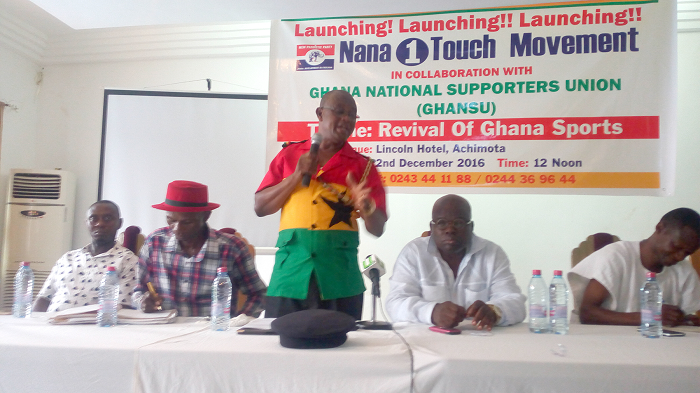 Abraham Boakye (aka One Man Supporter) making a point at the launch. On his right is Odeneho Nana Oppong, the President of Nana 1 Touch Movement Abraham Boakye (aka One Man Supporter) making a point at the launch. On his right is Odeneho Nana Oppong, the President of Nana 1 Touch Movement