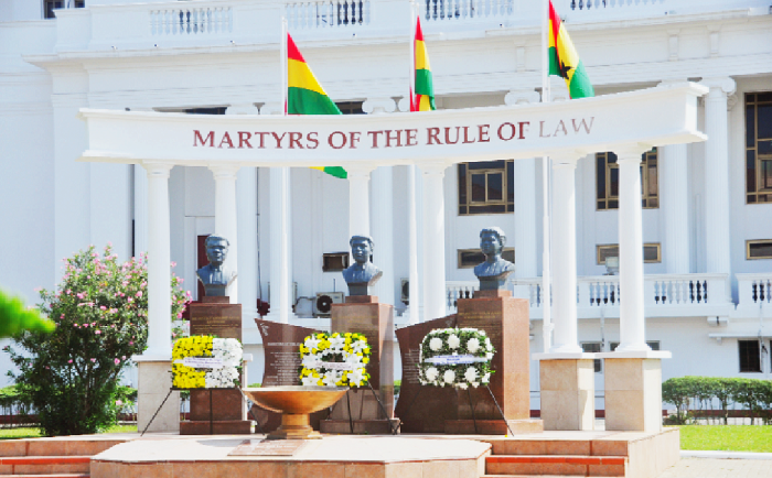 Three wreaths laid at a ceremony in Accra in remembrance of the three justices who were murdered. Picture: SAMUEL TEI ADANO Murdered judges remembered
