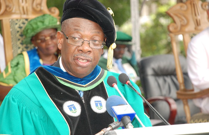 Professor Manu (inset) addressing the graduates at the 16th GIMPA congregation