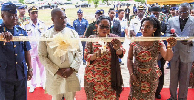 First Lady Lordina Mahama (3rd left) cutting the tape to declare the AWO secretariat (INSET) officially opened First lady inaugurates secretariat for Air Wives Organisation