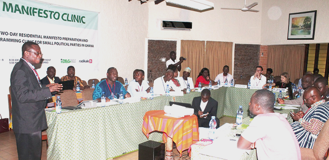 Mr Jonah addressing representatives of the political parties. Picture: MAXWELL OCLOO Manifesto clinic for small parties