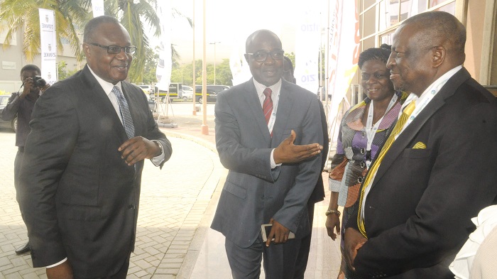Mr Emmanuel Siisi Quainoo (middle), Chief Executive Officer of the Gaming Commission of Ghana, interacting with Mr Lancester Museka (right), the Chairman of the Gaming Regional Africa Forum during the opening session of a workshop in Accra. Looking on is Mr Prosper Bani (left), the Minister of the Interior. Picture: GABRIEL AHIABOR