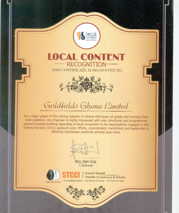 The framed award certificate Gold Fields receives local content award