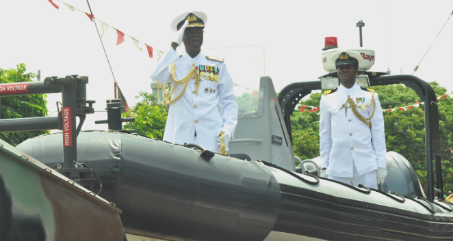 Rear Admiral Emmanuel Akoto Bonsu, outgoing Commandant of the Military Academy & Training Schools, acknowledging cheers from well-wishers. Picture: NIII MARTEY M. BOTCHWAY Rear Admiral Bonsu pulled out of MATS