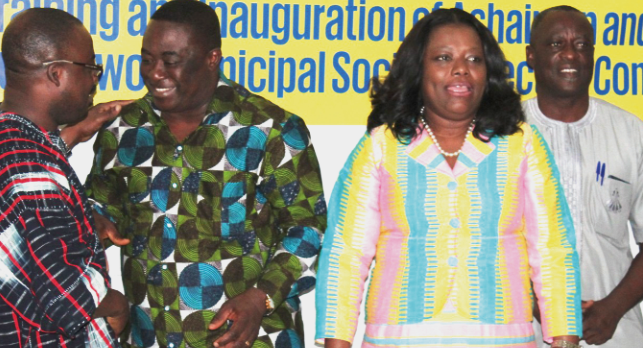 Dr Callistus Mahama (left), interacting with Mr Joseph Nii Laryea Afotey Agbo (2nd left). With them are Nana Oye Lithur (2nd right) and the LEKMA Chief Executive, Mr Seth Badu. Picture: Maxwell Ocloo Gender ministry to implement social protection intervention