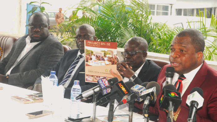 Rev. Dr Stephen Yenusom Wengam (right) launching the annual report of the service at the press conference in Accra. Those with him include Dr Kwabena Opoku-Edusei (2nd right), Mr Kwasi Amoako Adjei (2nd left) and Mr Solomon Appiah, all members of the Ghana Prison Service Council. Rev. Dr Stephen Yenusom Wengam (right) launching the annual report of the service at the press conference in Accra. Those with him include Dr Kwabena Opoku-Edusei (2nd right), Mr Kwasi Amoako Adjei (2nd left) and Mr Solomon Appiah, all members of the Ghana Prison Service Council.