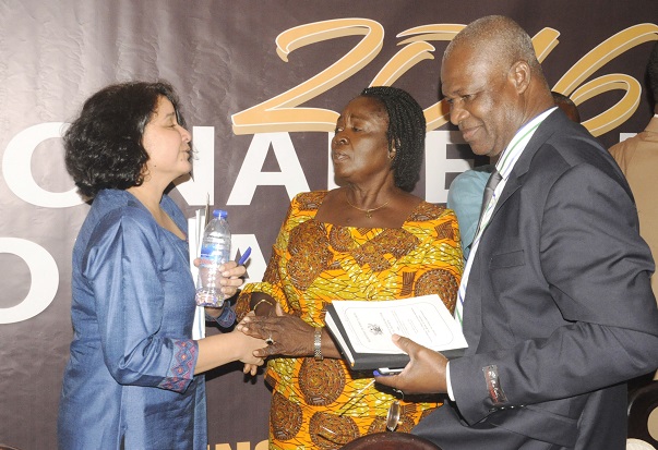 Professor  Naana Jane Opoku-Agyemang (middle) Minister of Education interacting with Ms Aarti Saihjee (left) Unicef Chief of Education at the opening session of educational sector annual review meeting in Accra.With them is Mr Jacob Kor (right), Director General of Ghana Education service.Picture: GABRIEL AHIABOR