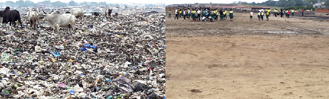 The site before it was cleared and after it was cleared of refuse Zoomlion clears refuse at Abossey Okai
