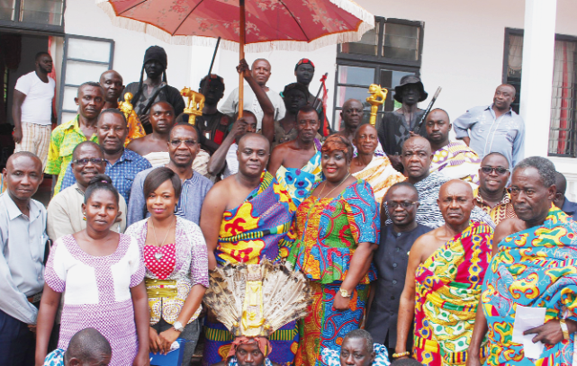 The Dormaahene, Osagyefo Agyeman Badu II with Mr Afrail Monney and other members of the GJA Picture: JAMES K. BAAH Dormaahene to speak at GJA Awards