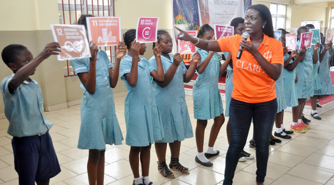 Mrs Jennifer Owusu (right), Executive Director, CLARiT, educating some students of the Jack and Jill School in Accra on the SGDs Mrs Jennifer Owusu (right), Executive Director, CLARiT, educating some students of the Jack and Jill School in Accra on the SGDs