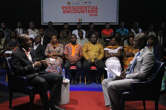 Mr Jacob Osei Yeboah (left), Independent Presidential Candidate, speaking at the GBC/Star-Ghana Presidential Encounter 2016. With him is Mr Abdul Hayi Moomen (right), Host of the show. PICTURE: MAXWELL OCLOO Mr Jacob Osei Yeboah (left), Independent Presidential Candidate, speaking at the GBC/Star-Ghana Presidential Encounter 2016. With him is Mr Abdul Hayi Moomen (right), Host of the show. PICTURE: MAXWELL OCLOO