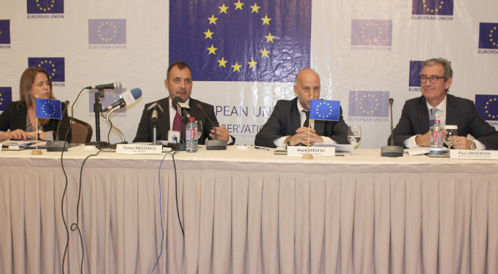  Mrs Mar Aguilera Vaques (left), Legal Analyst, Mr Tamas Meszerics (2nd left), Mr Mark Stevens (2nd right), and Mr Paul Anderson (right), Press and public outreach officer, all of the EU Observer Team. Picture: BENEDICT OBUOBI