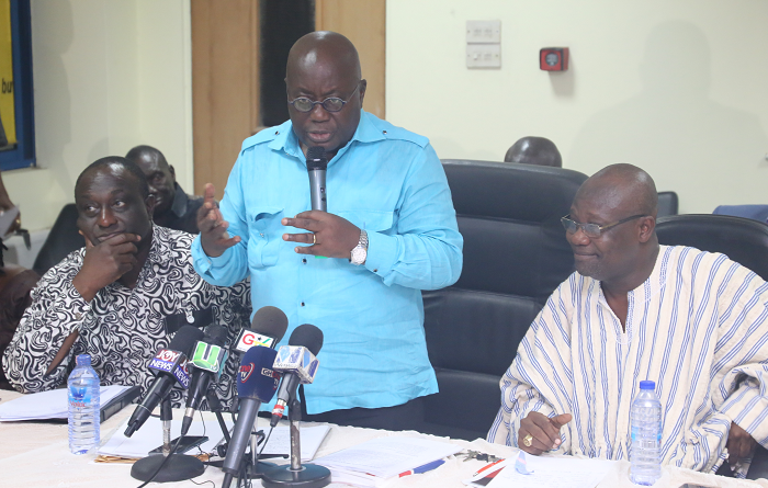  Nana Akufo-Addo addressing members of the GUTA in Accra. Those with him are Barima Dr Ofori Ameyaw I (seated right) and Mr Alan Kyeremanteng (left). Picture: SAMUEL TEI ADANO 
