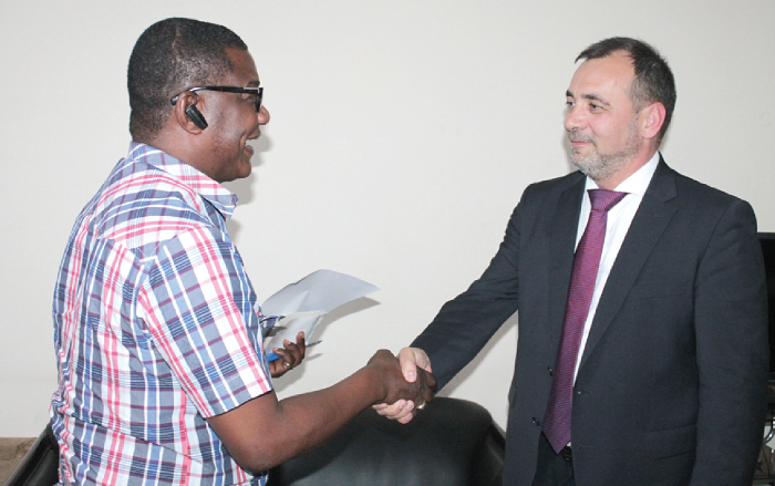  Mr Kobby Asmah (left), Political Editor, Daily Graphic, exchanging pleasantries with Mr Tamas Meszerics (right), Chief Observer, European Union Election Observation Mission to Ghana. Picture: MAXWELL OCLOO