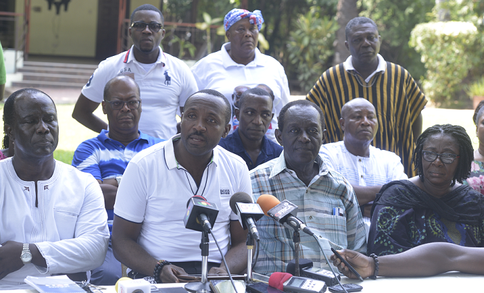 Mr John Boadu (2nd left),Acting Secretary General of the NPP addressing the press at the Nima Residence of Nana Addo.With him are  Dr Kwame Addo Kufuor ,Mr Adjiri Blankson and some leading members of the party.Picture by Emmanuel Quaye 