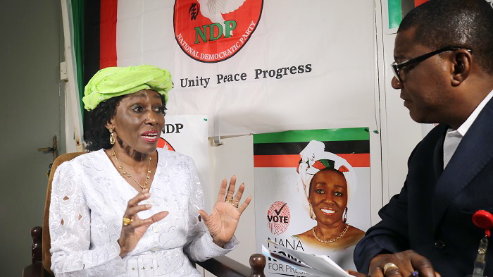 Nana Konadu Agyeman-Rawlings (left), the presidential candidate of the National Democratic Party (NDP),  speaking to the Political Editor of the Daily Graphic, Mr Kobby Asmah.  Picture: ENOCH DARFAH FRIMPONG