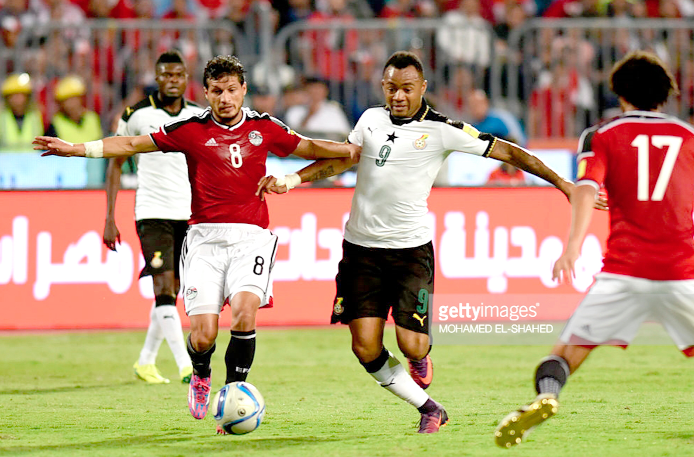 Black Stars’ Jordan Ayew gains the upper hand during a tussle for the ball with Tarek Hamed of Egypt Black Stars’ Jordan Ayew gains the upper hand during a tussle for the ball with Tarek Hamed of Egypt
