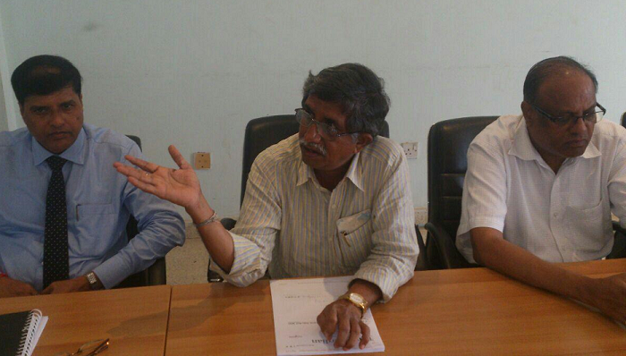  Mr Tati Rama Rao (middle), General Manager of Diamond Cement, speaking during the media briefing. With him are other officials of the company