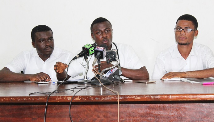 Mr Collins Agyarko (middle), President, University Nursing Students Association, Ghana, Mr Moroti Rotty Gabriel (right), Second Vice President, and Mr Dei Saviour Martey, Treasurer, briefing the press. Picture: BENEDICT OBUOBI 