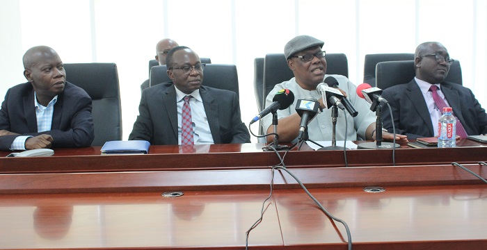 Mr William Tevie (left), Director General, NCA, Mr Eugene Baffoe Bonnie (2nd left), Board chairman, NCA, Mr Kwasi Djan Apenteng (2nd right), Chairman, and Mr George Sarpong (right), Executive Secretary, both of the National Media Commission, at the press conference. Picture: BENEDICT OBUOBI