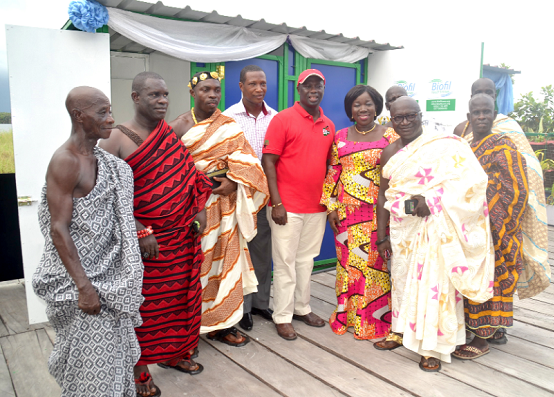 Elizabeth Ofosu Adjare (4th right) with some chiefs from Nzulezu infront of the facility Elizabeth Ofosu Adjare (4th right) with some chiefs from Nzulezu infront of the facility