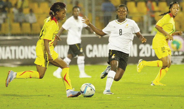 Black Queens’ Juliet Acheampong (right) closing in on her Malian opponent during last Saturday’s game Black Queens’ Juliet Acheampong (right) closing in on her Malian opponent during last Saturday’s game