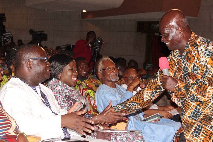 Prof. Kofi Agyekum (right) exchanging pleasantries with the Tourism Minister, Mrs Elizabeth Ofosu-Adjare (2nd left), as Mr Kenneth Ashigbey (left), MD, GCGL and Prof. Atukwei Okine (3rd left), look on in admiration.