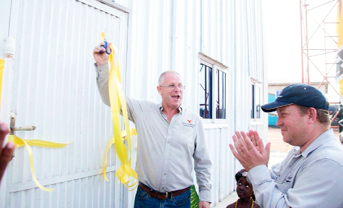 Brian Shinnick (left), Director, Kanu Ghana cuts the ribbon, ceremoniously announcing the official opening for business, it’s a proud moment for Stephen Smithyman (CEO, Kanu Equipment). Brian Shinnick (left), Director, Kanu Ghana cuts the ribbon, ceremoniously announcing the official opening for business, it’s a proud moment for Stephen Smithyman (CEO, Kanu Equipment).
