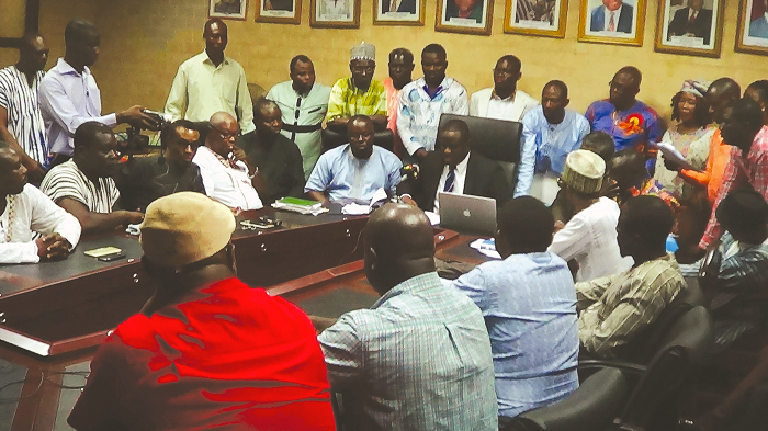  Mr Leslie Anim (table head in suit), Chairman  of Justice and Security Subcommittee, AMA, addressing the media. Picture: OWUSU INNOCENT