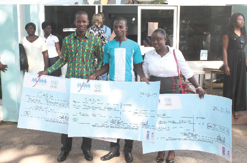 The winners of the SDGs awards, Mr Abdul Hameed Amponsah (middle), Winner of the SDGs award and a journalist with Radio Peace, Winneba, Ms Nina Abena Antwi-Kusi (right), 2nd Runner-Up and a Journalist with TV3 Network, and Mr Umaru Sanda Amadu, 1st Runner-Up and a Journalist with Citi FM in a group photograph after the ceremony.. The winners of the SDGs awards, Mr Abdul Hameed Amponsah (middle), Winner of the SDGs award and a journalist with Radio Peace, Winneba, Ms Nina Abena Antwi-Kusi (right), 2nd Runner-Up and a Journalist with TV3 Network, and Mr Umaru Sanda Amadu, 1st Runner-Up and a Journalist with Citi FM in a group photograph after the ceremony..