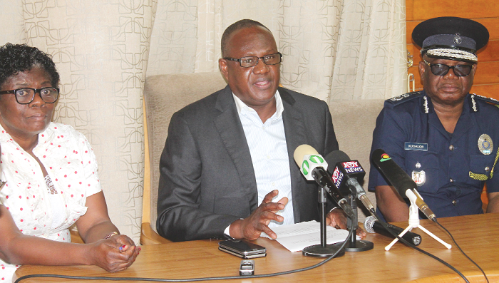 Mr Prosper Bani (2nd right), Minister of the Interior, addressing participants at the media briefing. Those with him are Dr John Kudalor (right), Inspector General of Police and Mrs Adelaide Anno-Kumi (left), Chief Director, Ministry of the Interior. Picture: EDNA ADU-SERWAA