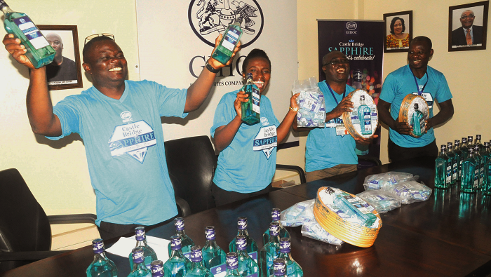 Mr Emmanuel Oko Lamptey (left), Head of Finance of the GIHOC Distilleries, being supported by other managers of the company to launch the new Castle Bridge product in Accra. Picture: GABRIEL AHIABOR Mr Emmanuel Oko Lamptey (left), Head of Finance of the GIHOC Distilleries, being supported by other managers of the company to launch the new Castle Bridge product in Accra. Picture: GABRIEL AHIABOR