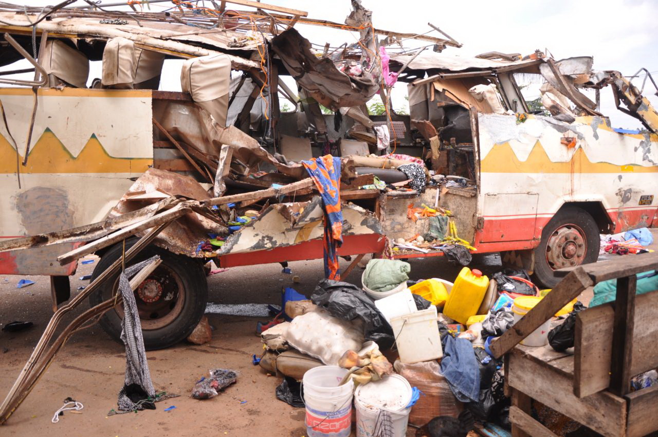 The wreckage of the Neoplan bus Accident at Nkawkaw Abepotia claims 5 lives