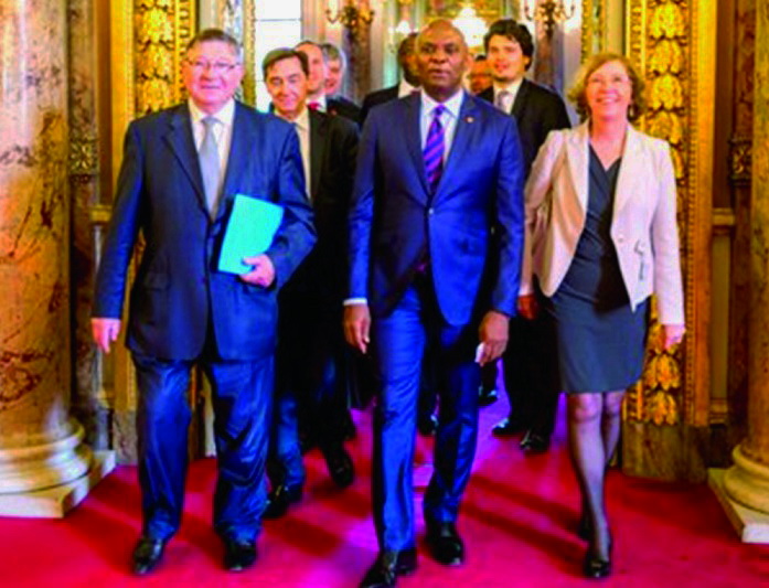 Mr Tony Elumelu (middle) being welcomed to one of the events in Paris, France. Elumelu woos French businesses to look to Africa