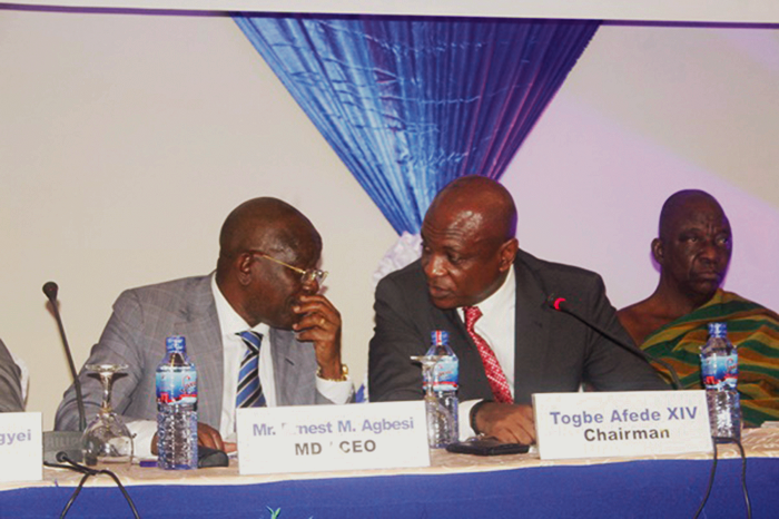 Togbe Afede XIV (right), Board Chairman of NIB having a discussion with Mr Ernest Agbesi, MD of the bank NIB targets additional capital from stock market