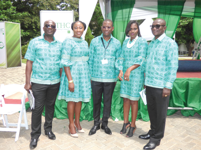 Mr Francis Apanka (arrowed), Acting MD, NTHC, with some management executives after the 40th anniversary luanch and commissioning of the company’s head office in Accra Influx of global giants doesn't scare us – NTHC