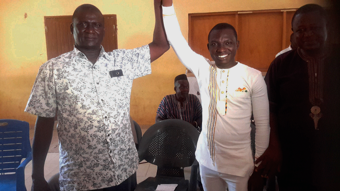 Mr Ali Adamu Osman (left), Nadowli-Kaleo District Director of Electoral Commission, declaring Mr Elvis Banoemuleng Botah as NPP’s candidate Nadowli-Kaleo NPP candidate upbeat