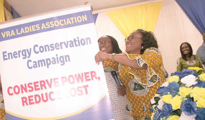 Madam Stella Dey (right), National President of the VRA Ladies Association, and Madam Abla Fiadjoe (2nd right), Director of General Services, Volta River Authority (VRA), launching the Energy Conservation Campaign. Picture: EDNA ADU-SERWAA VRA Ladies to spearhead energy conservation campaign