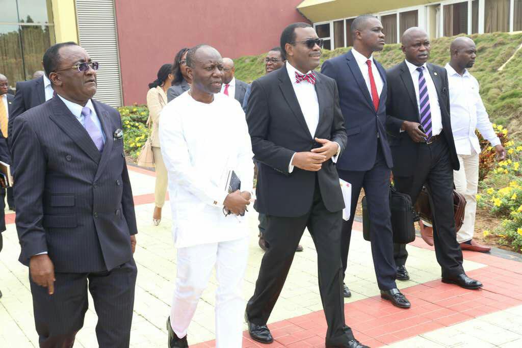 Mr Ken Ofori-Atta (right), Finance Minister interacting with Mr Akinwumi Adesina (2nd right), President, African development Bank Group after the meeting. Looking on is Dr Akoto Owusu Afriyieome (2nd left), Minister of Agriculture. Picture: Samuel Tei Adano