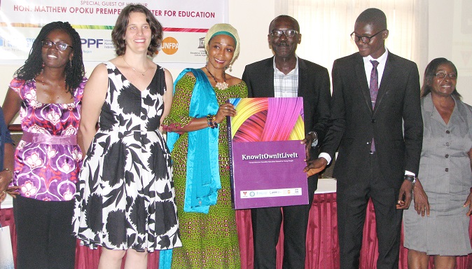 Ms Barbra Ayisi Acher(3rd left), a Deputy Minister for Education, launching  &quot;KnowitOwnitLiveit&quot;, with her is Anne Coolen (2nd left), Executive Director - PPAG and Country Director MSIG  and Aaron Atimpe (2nd right),Youth Advocate. PICTURE:ESTHER ADJEI